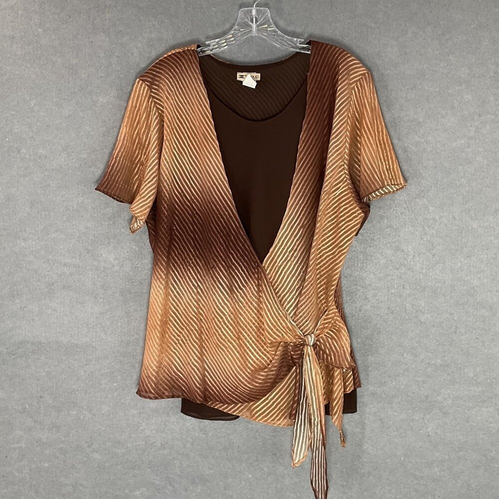 C.O.C. USA Top Women Sz 3X Brown Ombre Lined Short Sleeves Textured Crinkle Wrap